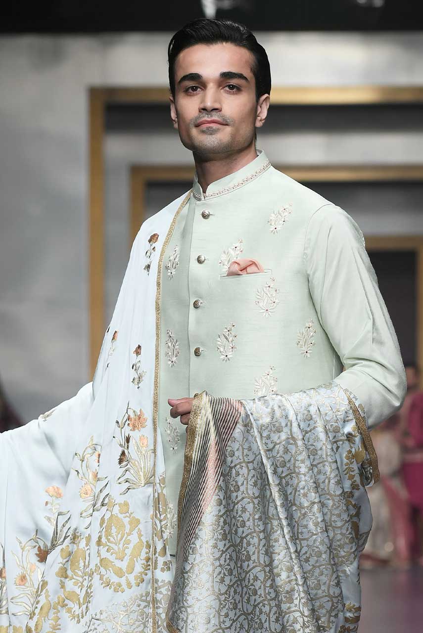 Mint Green Embroidered Raw Silk Waistcoat Kurta (3-Piece) - Image 1