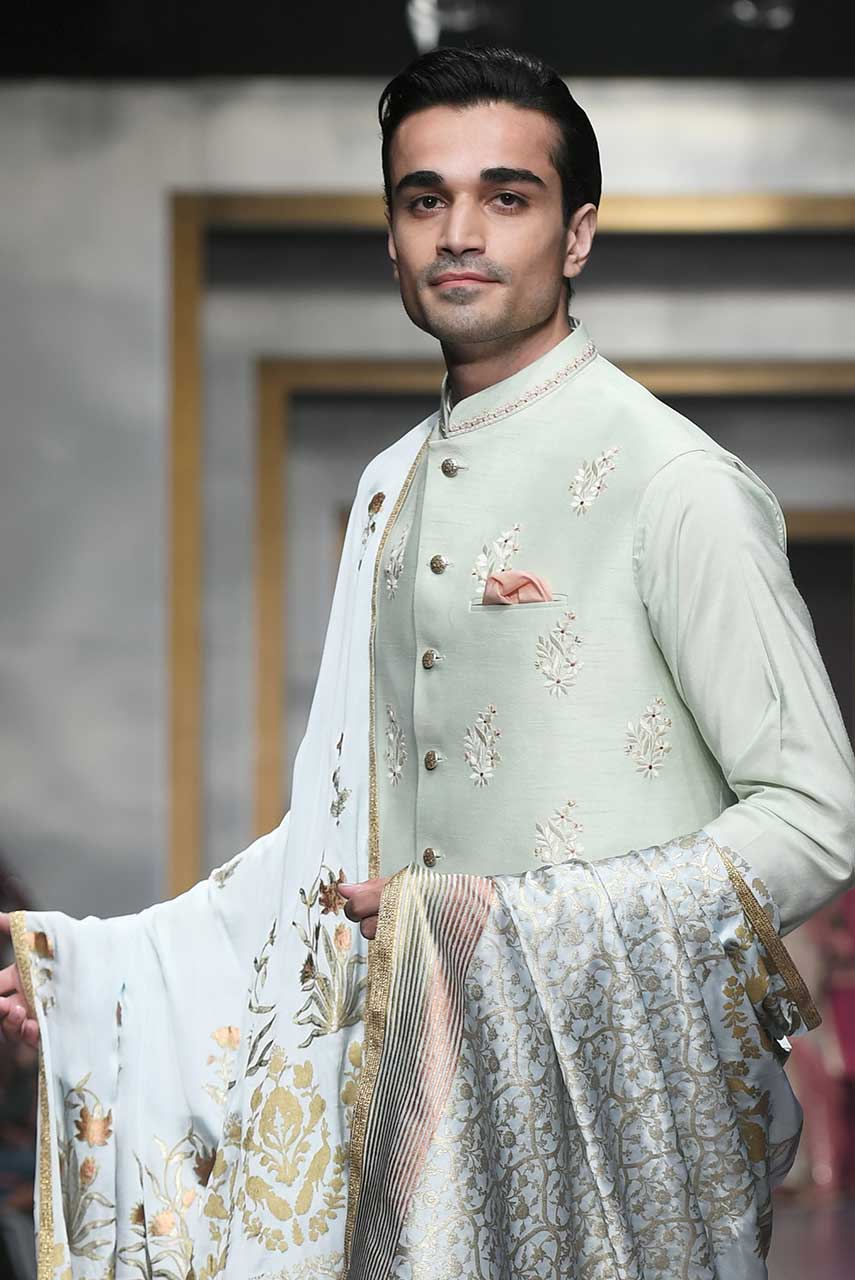 Mint Green Embroidered Raw Silk Waistcoat Kurta (3-Piece) - Image 2