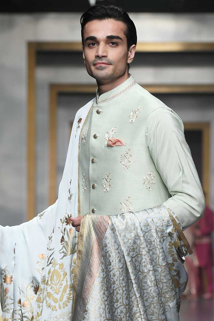 Mint Green Embroidered Raw Silk Waistcoat Kurta (3-Piece) - Image 3