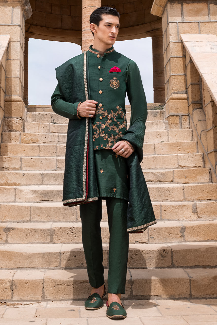 Emerald Green Embroidered Raw Silk Waistcoat Set (4-Piece) - Image 1