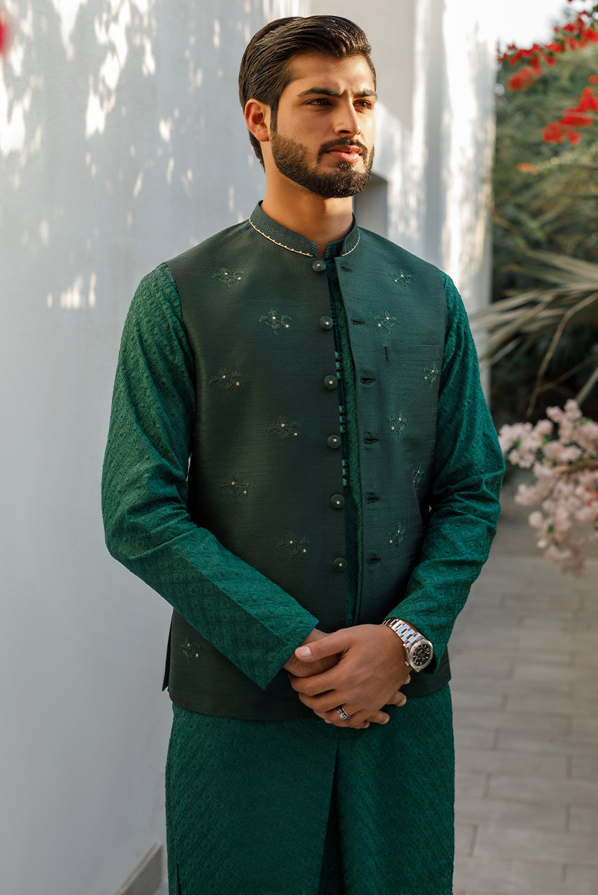 Deep Green Embroidered Raw Silk Waistcoat Kurta (3-Piece) - Image 11