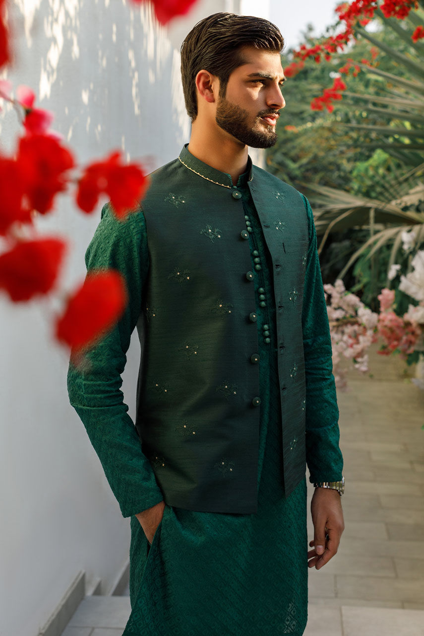 Deep Green Embroidered Raw Silk Waistcoat Kurta (3-Piece) - Image 2