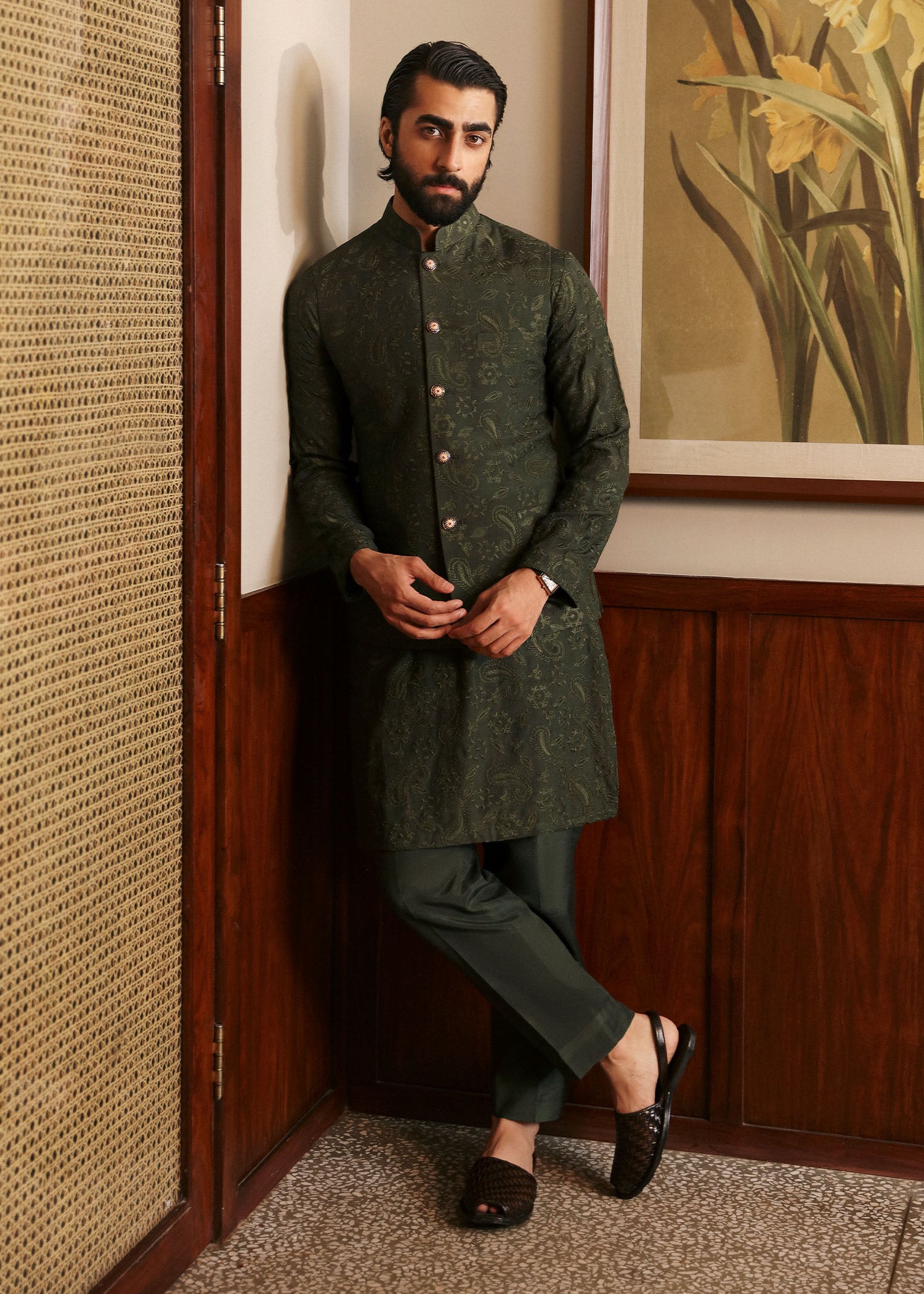 Olive Green Embroidered Raw Silk Waistcoat Kurta (3-Piece) - Image 1
