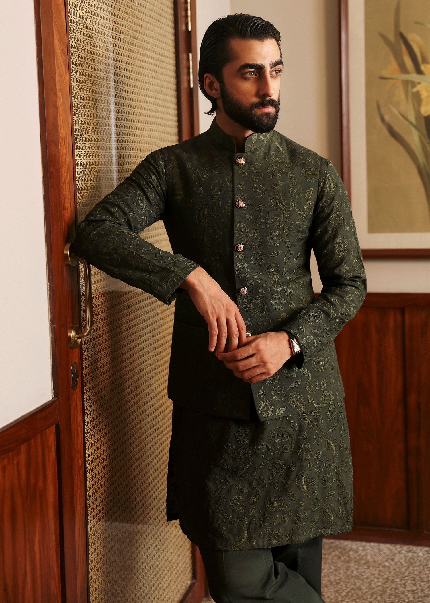 Olive Green Embroidered Raw Silk Waistcoat Kurta (3-Piece) - Image 2