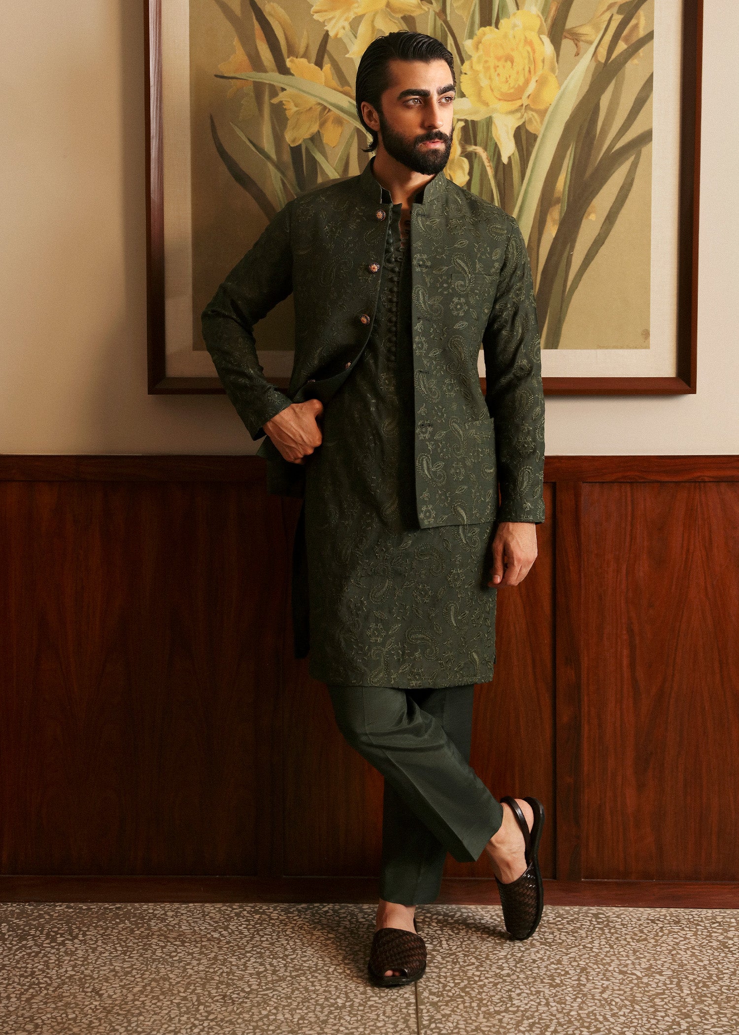Olive Green Embroidered Raw Silk Waistcoat Kurta (3-Piece) - Image 3