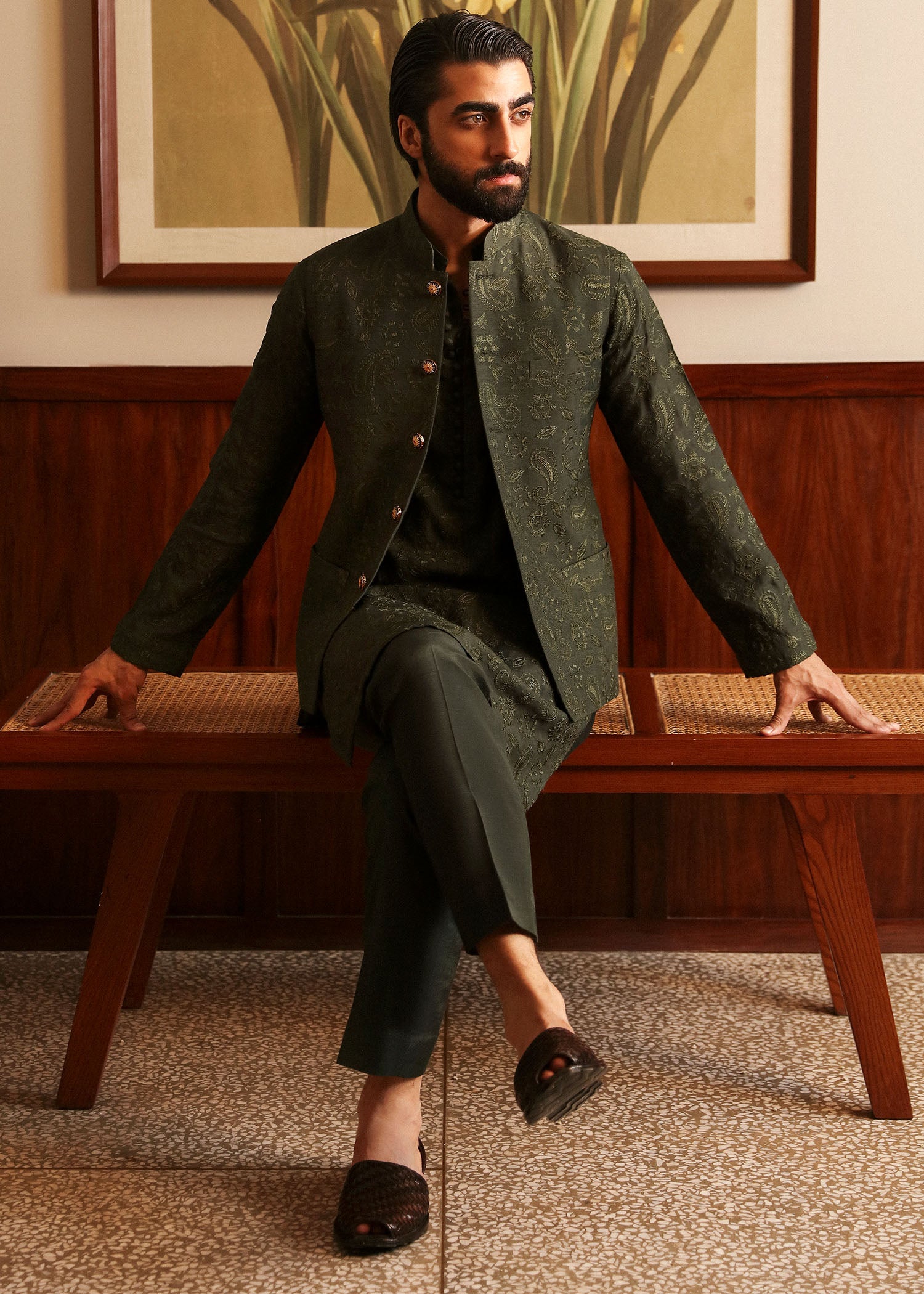 Olive Green Embroidered Raw Silk Waistcoat Kurta (3-Piece) - Image 4