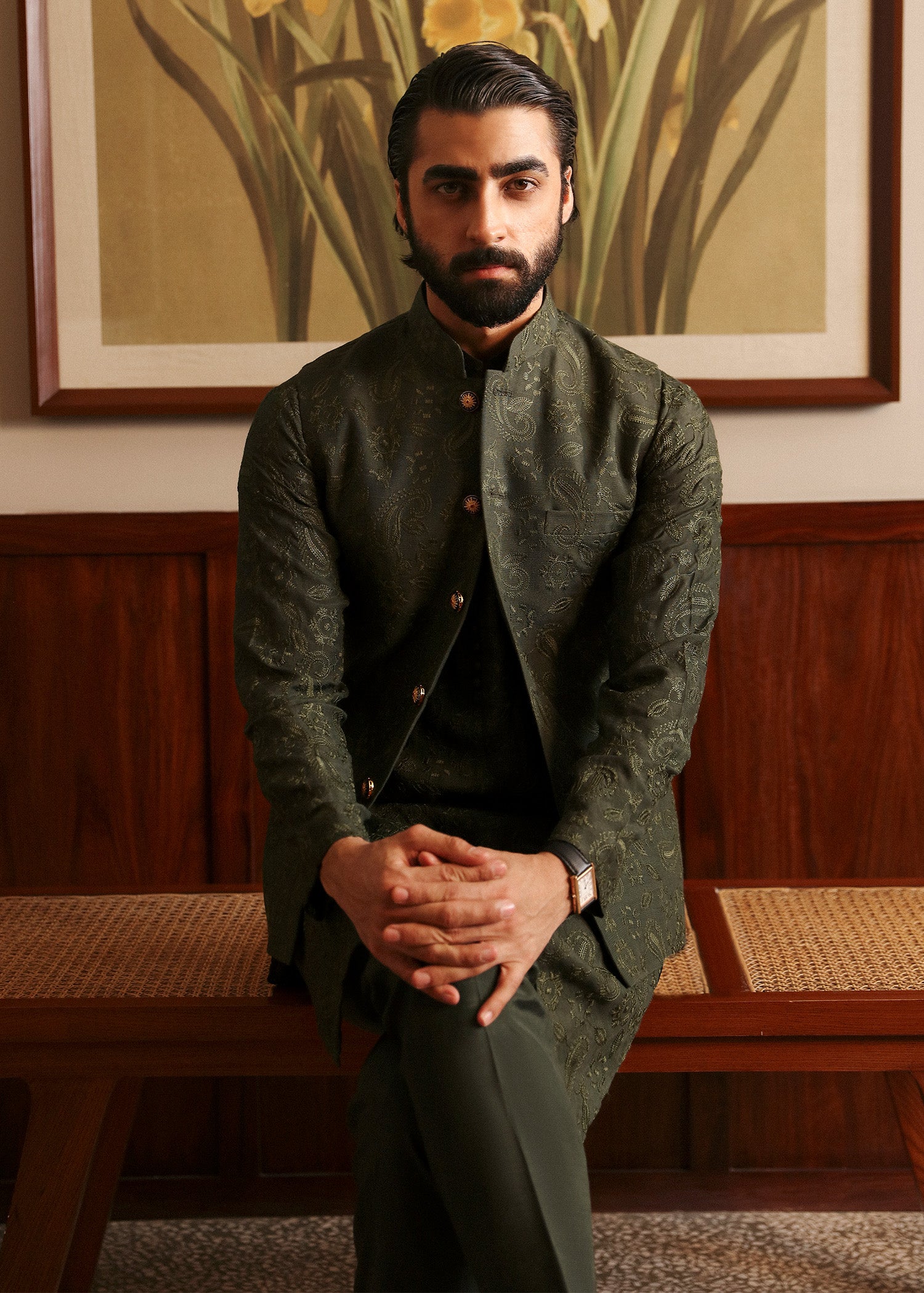 Olive Green Embroidered Raw Silk Waistcoat Kurta (3-Piece) - Image 5