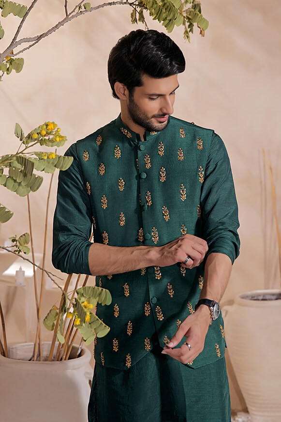 Emerald Embroidered Raw Silk Waistcoat Kurta (3-Piece) - Image 1