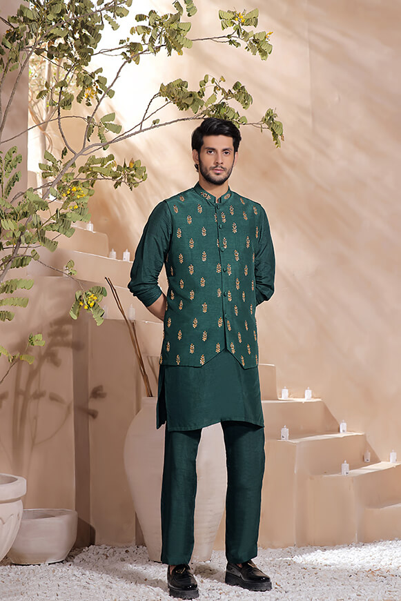 Emerald Embroidered Raw Silk Waistcoat Kurta (3-Piece) - Image 2