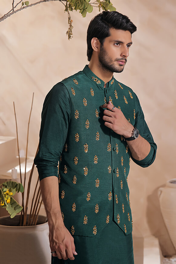 Emerald Embroidered Raw Silk Waistcoat Kurta (3-Piece) - Image 3