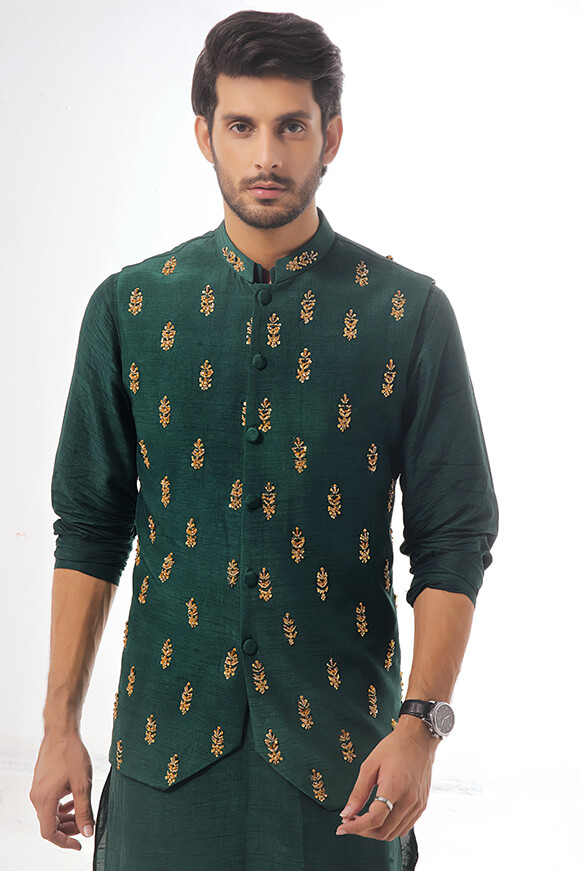 Emerald Embroidered Raw Silk Waistcoat Kurta (3-Piece) - Image 4