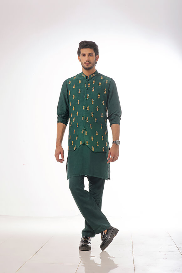 Emerald Embroidered Raw Silk Waistcoat Kurta (3-Piece) - Image 5