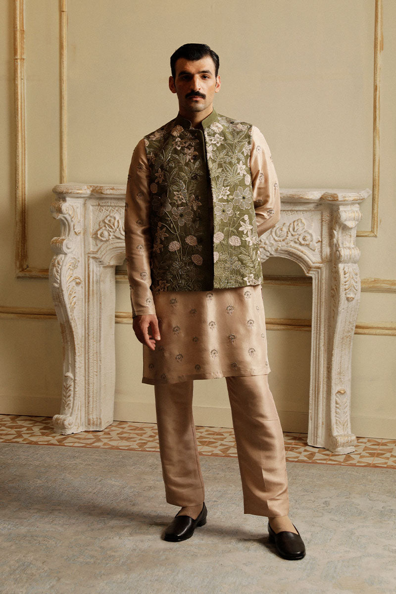 Olive Green Embroidered Raw Silk Waistcoat (3-Piece) - Image 1