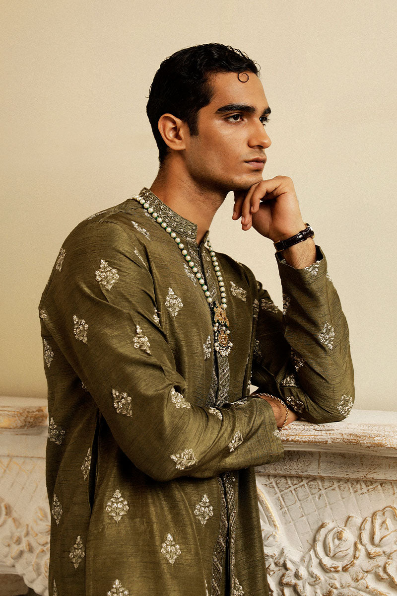 Olive Green Embroidered Raw Silk Waistcoat (3-Piece) - Image 2