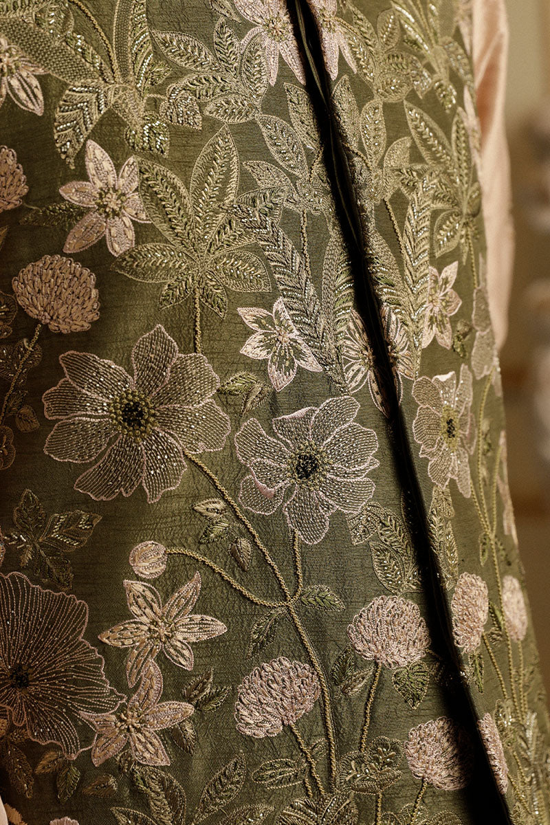Olive Green Embroidered Raw Silk Waistcoat (3-Piece) - Image 3