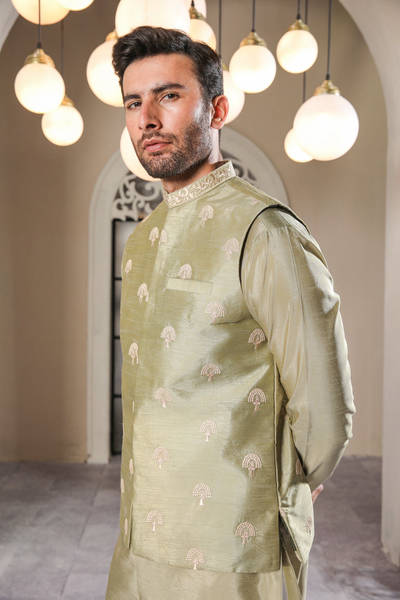 Pista Embroidered Raw Silk Waistcoat Kurta (3-Piece) - Image 1