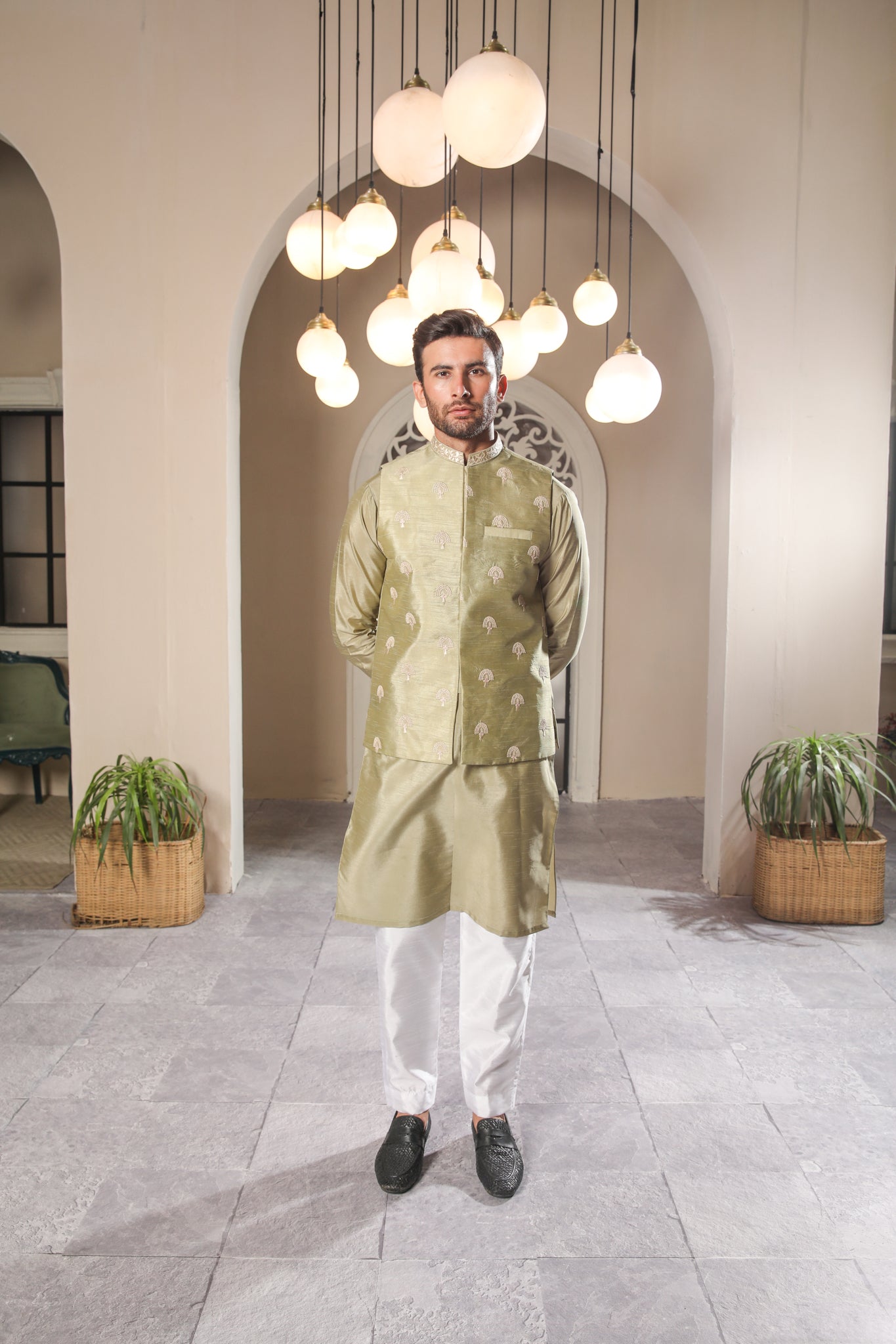 Pista Embroidered Raw Silk Waistcoat Kurta (3-Piece) - Image 2