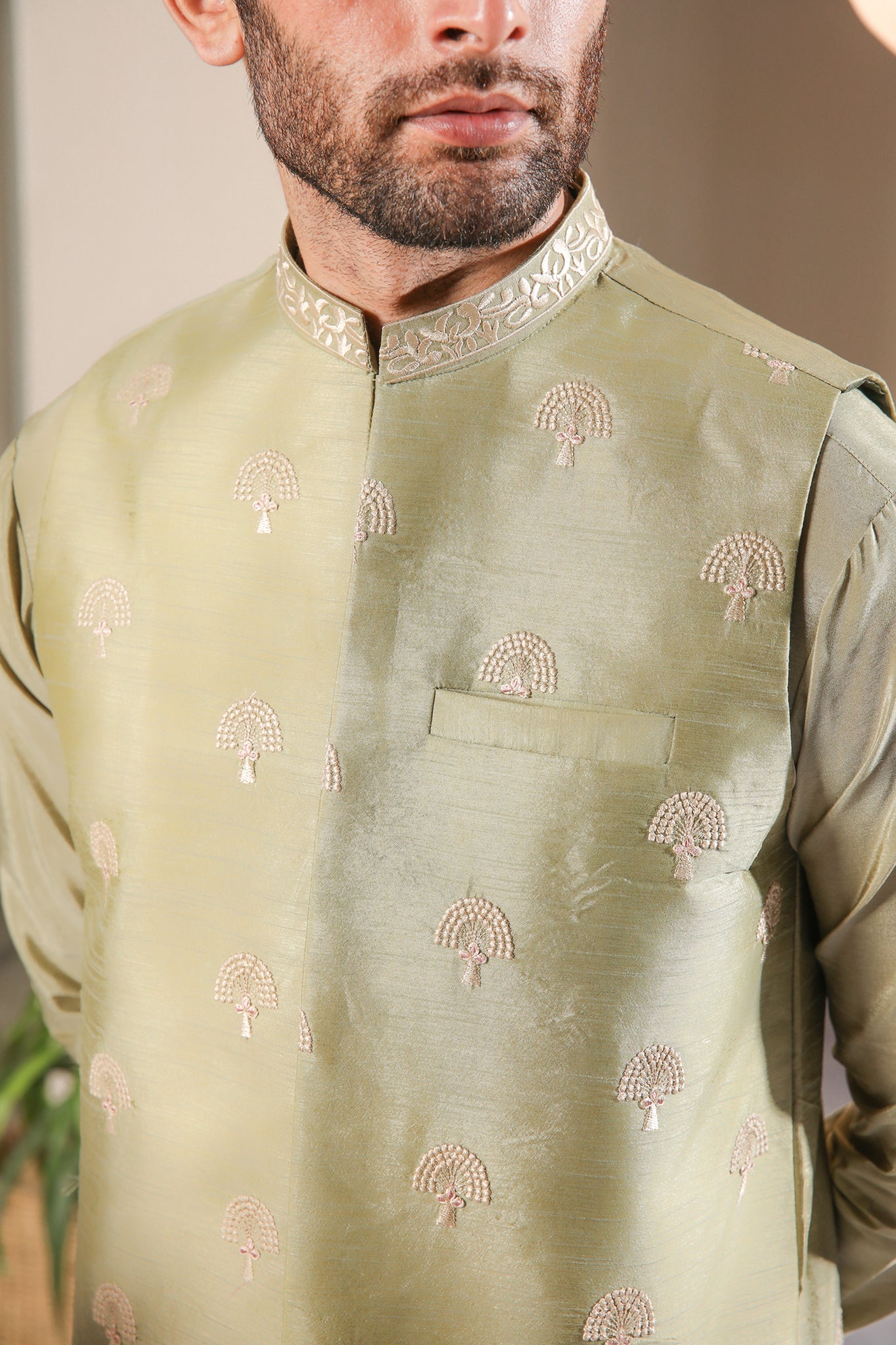 Pista Embroidered Raw Silk Waistcoat Kurta (3-Piece) - Image 3