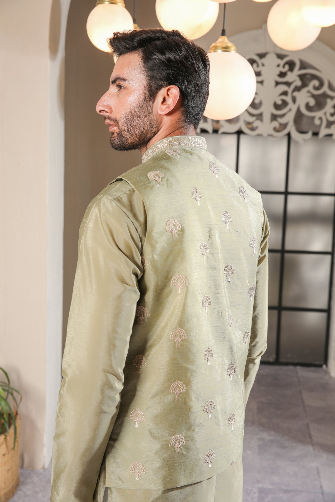 Pista Embroidered Raw Silk Waistcoat Kurta (3-Piece) - Image 4