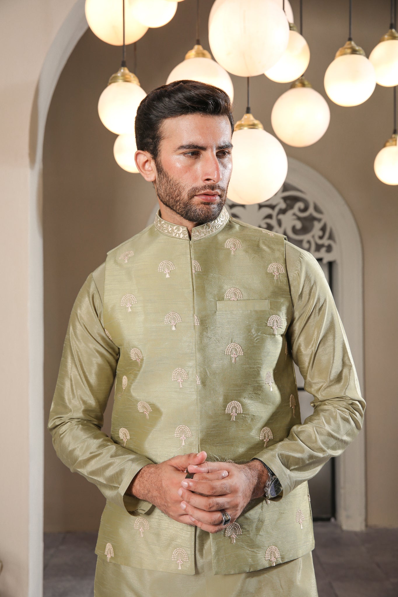 Pista Embroidered Raw Silk Waistcoat Kurta (3-Piece) - Image 5