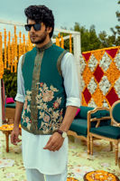 Emerald Green Zardozi Raw Silk Waistcoat Kurta (3-Piece) - Image 2
