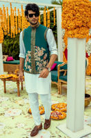 Emerald Green Zardozi Raw Silk Waistcoat Kurta (3-Piece) - Image 3