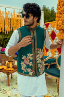 Emerald Green Zardozi Raw Silk Waistcoat Kurta (3-Piece) - Image 4