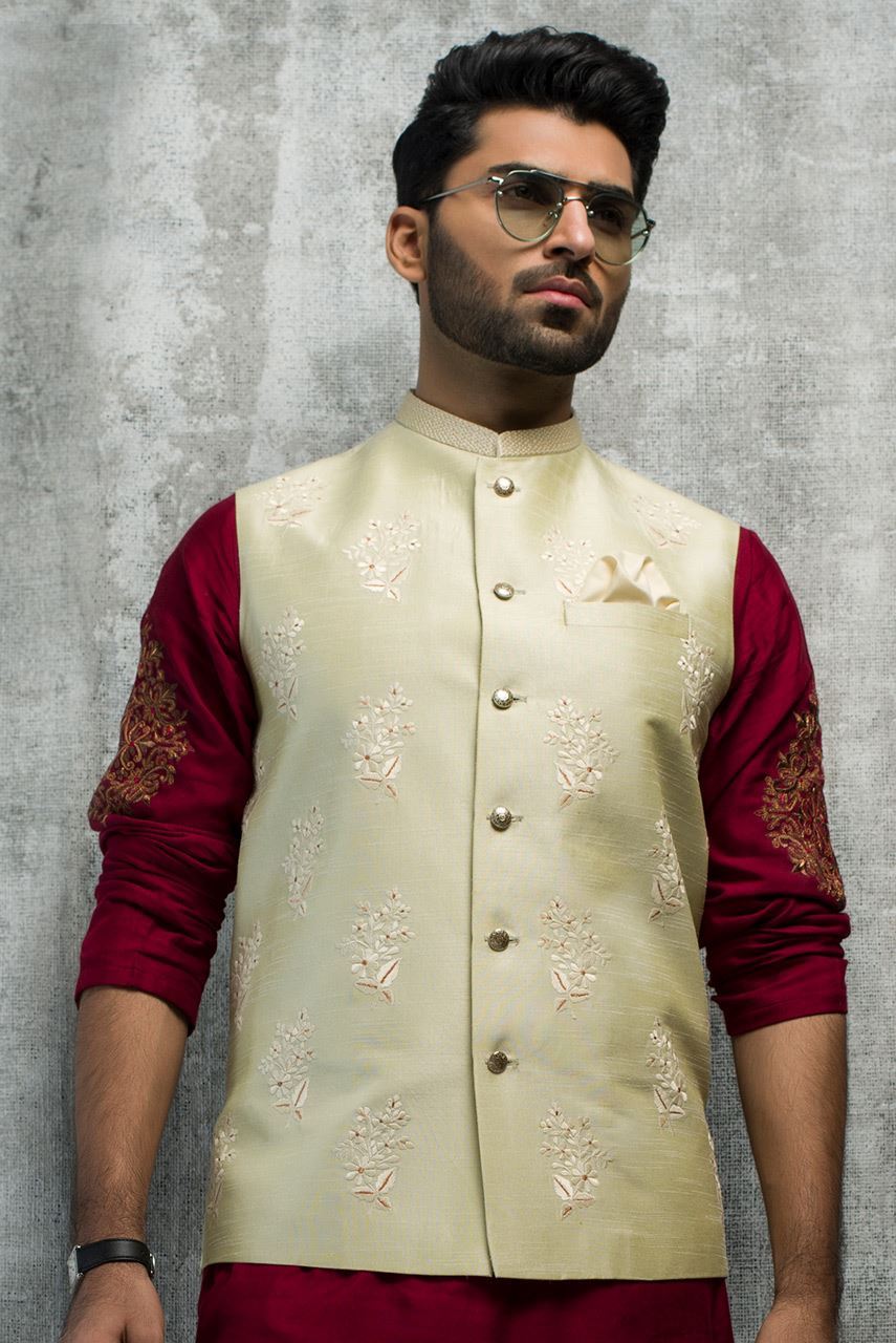 Light Green Embroidered Raw Silk Waistcoat Kurta (2-Piece) - Image 1