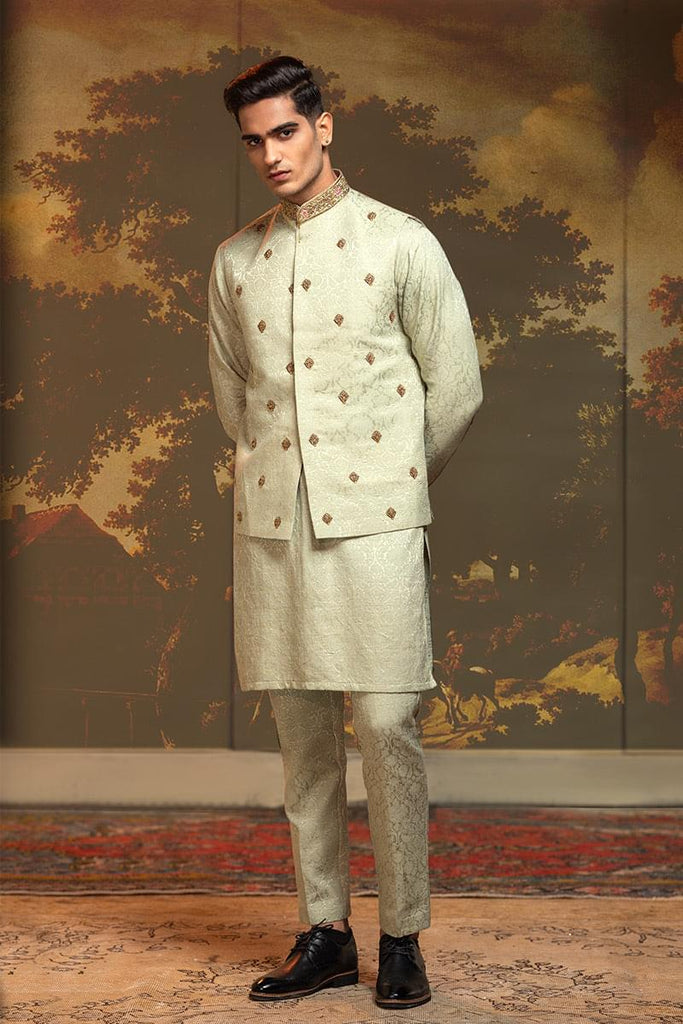 Pistachio Zardozi Self Silk Jamawar Waistcoat Kurta (3-Piece) - Image 1
