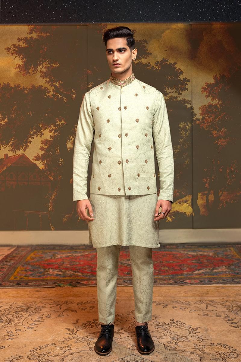 Pistachio Zardozi Self Silk Jamawar Waistcoat Kurta (3-Piece) - Image 3