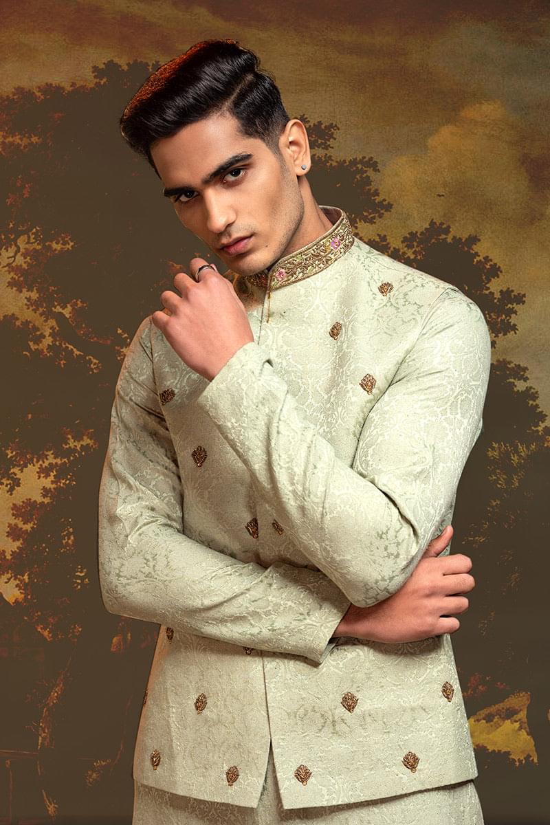 Pistachio Zardozi Self Silk Jamawar Waistcoat Kurta (3-Piece) - Image 4
