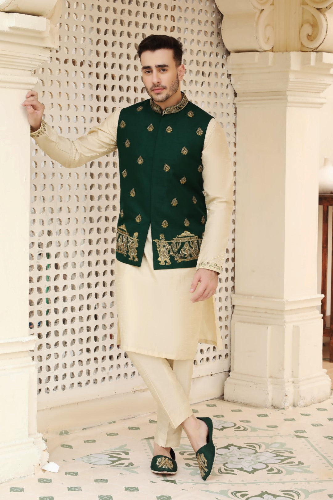 Bottle Green Ada Work Silk Waistcoat Kurta (3-Piece) - Image 1