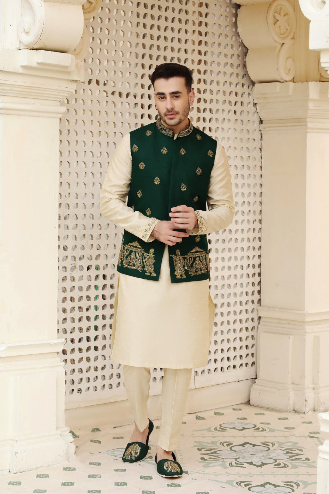 Bottle Green Ada Work Silk Waistcoat Kurta (3-Piece) - Image 2