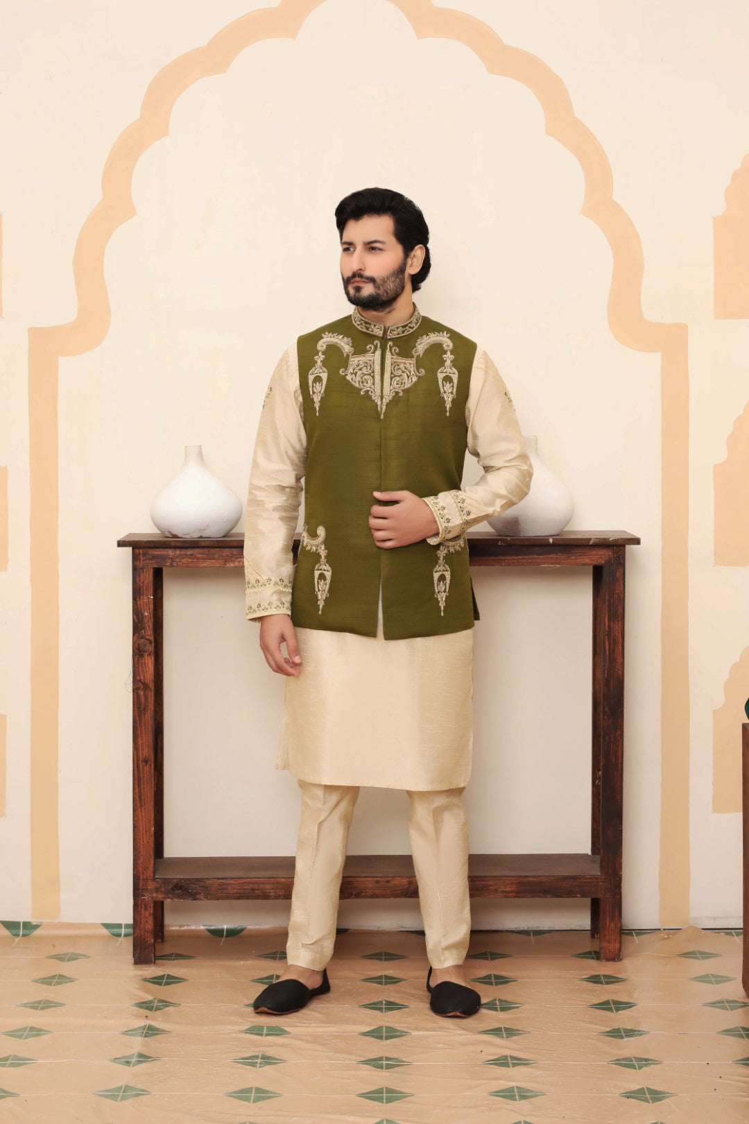 Mehndi Green Ada Work Silk Waistcoat Kurta (3-Piece) - Image 1