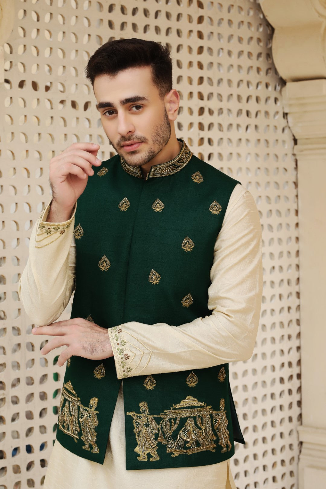 Bottle Green Ada Work Silk Waistcoat Kurta (3-Piece) - Image 3