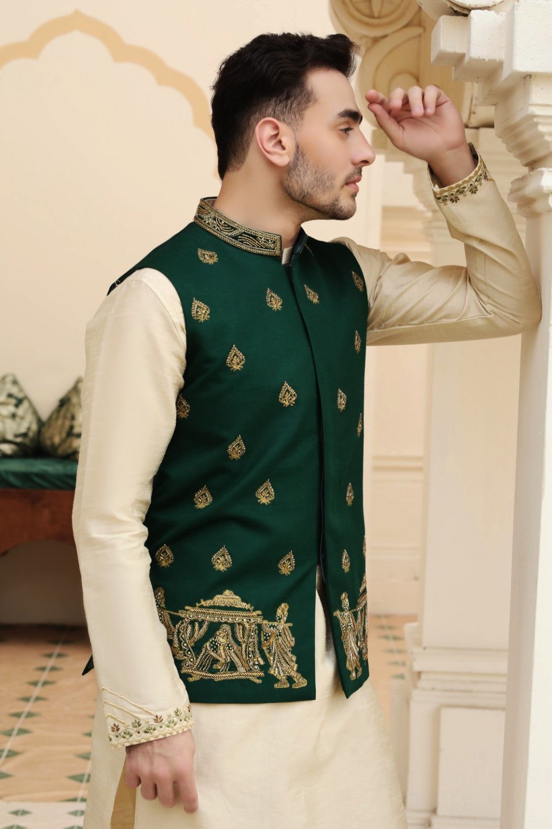 Bottle Green Ada Work Silk Waistcoat Kurta (3-Piece) - Image 4