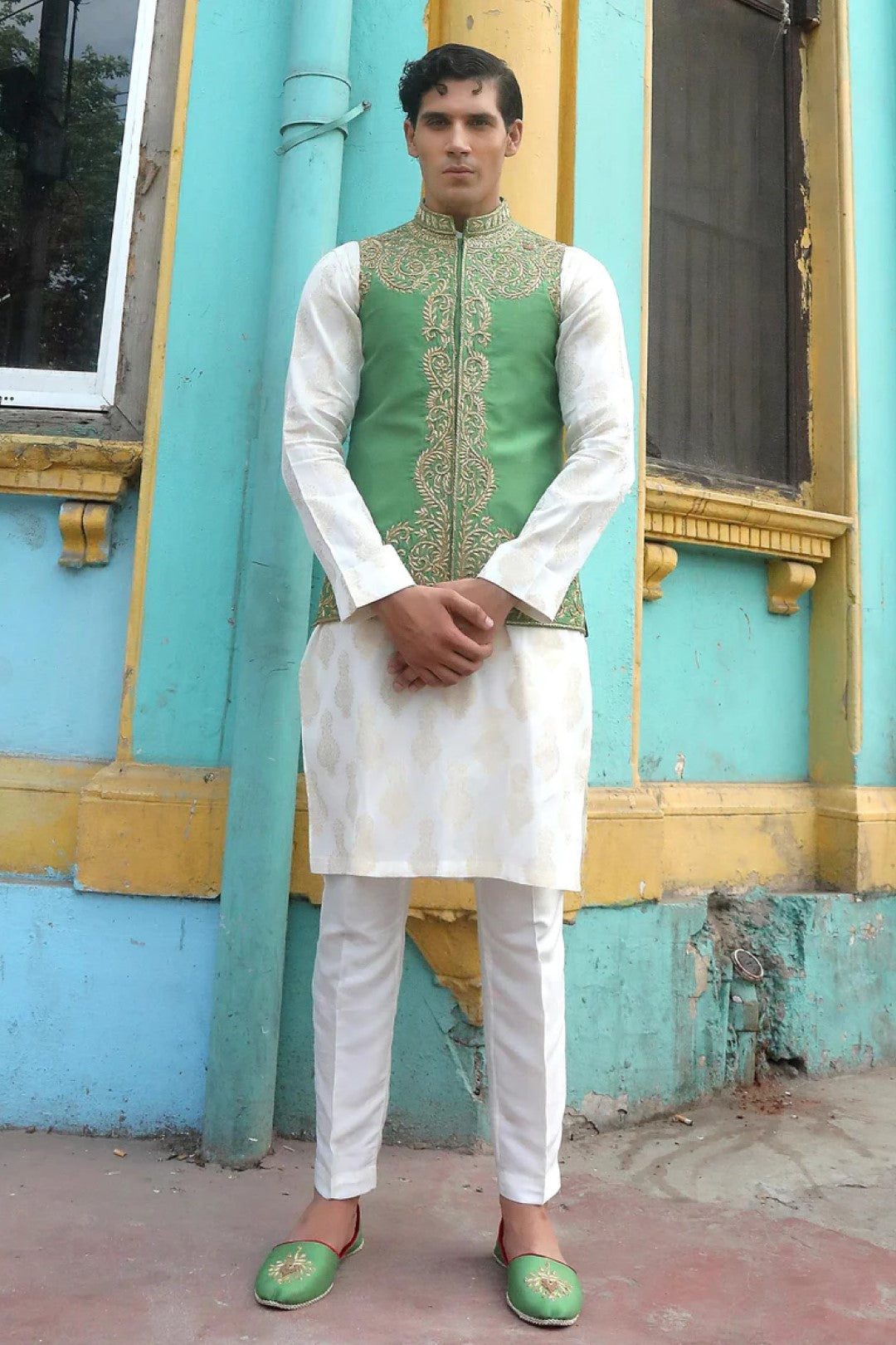 Light Green Adda Work Silk Waistcoat Kurta (3-Piece) - Image 1