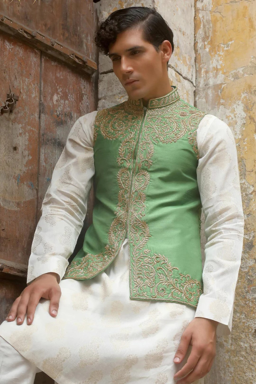 Light Green Adda Work Silk Waistcoat Kurta (3-Piece) - Image 3
