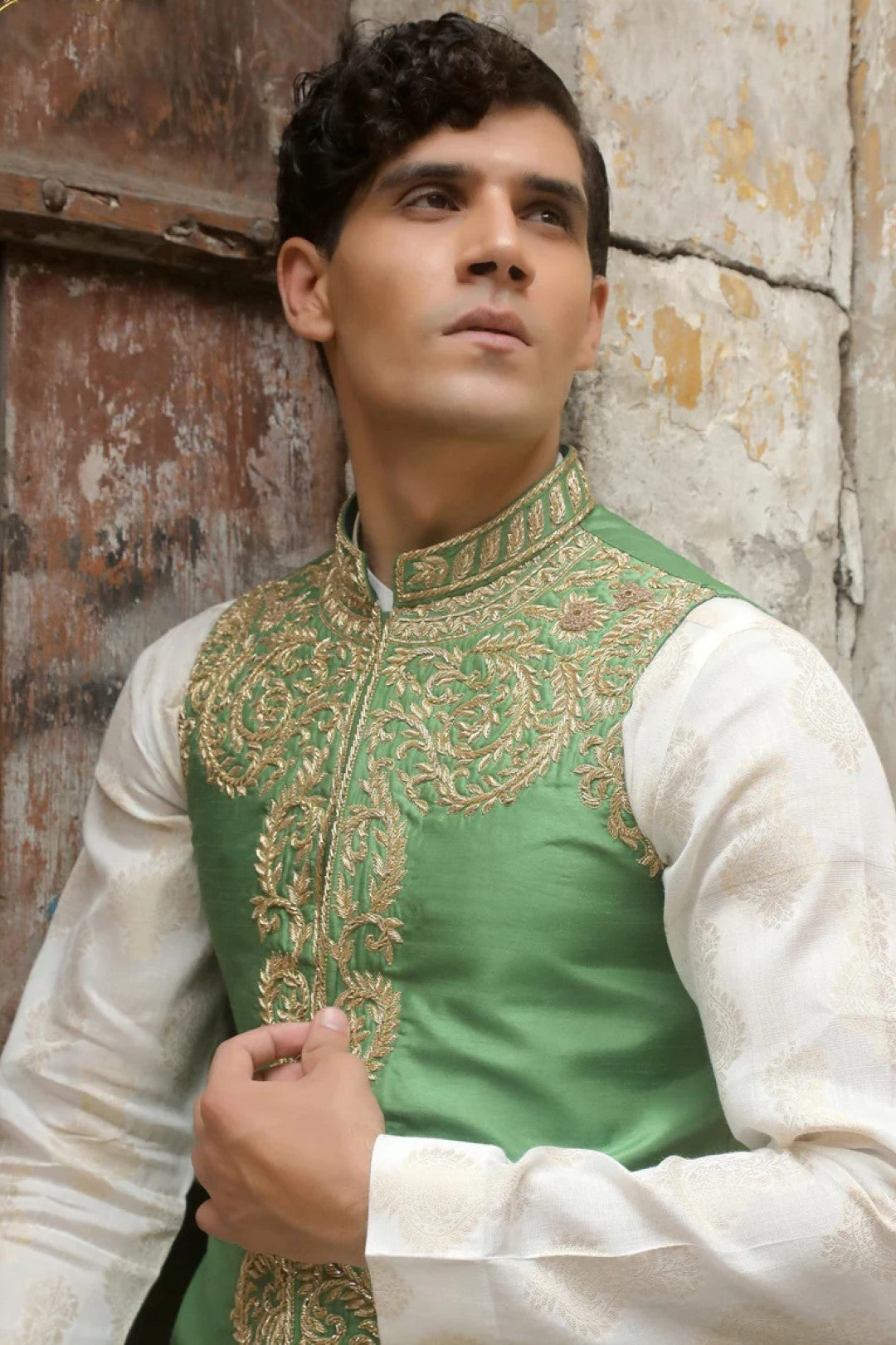 Light Green Adda Work Silk Waistcoat Kurta (3-Piece) - Image 4