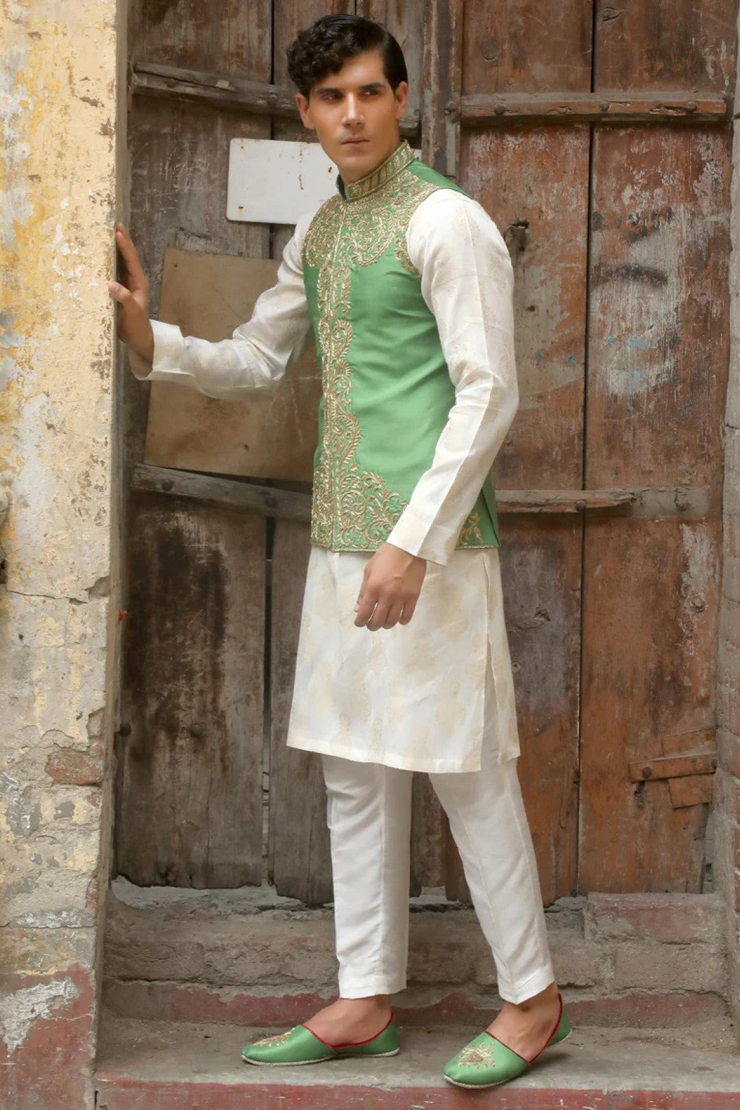 Light Green Adda Work Silk Waistcoat (3-Piece) - Image 2
