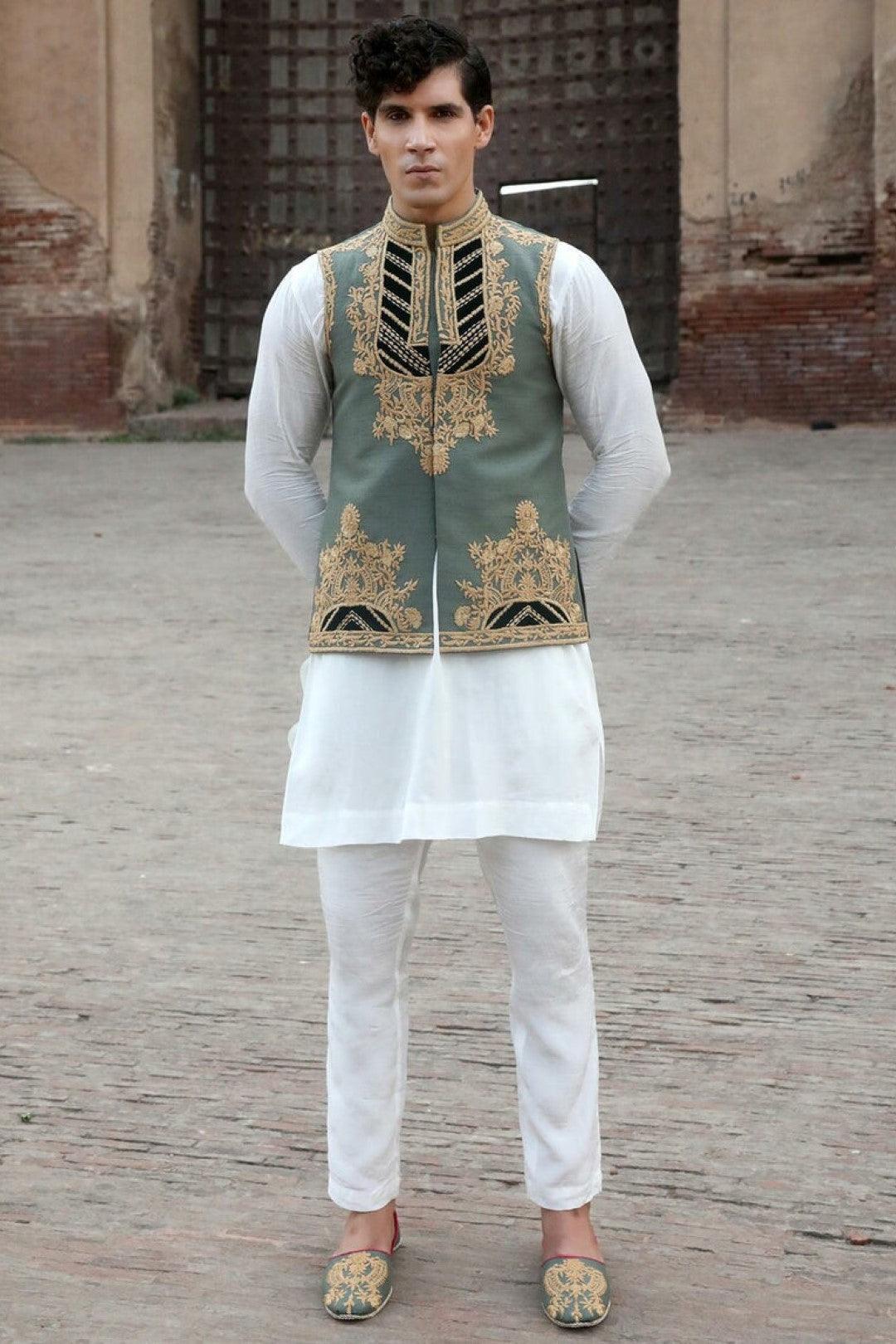 Green Adda Work Silk Waistcoat Kurta Set (3-Piece) - Image 1