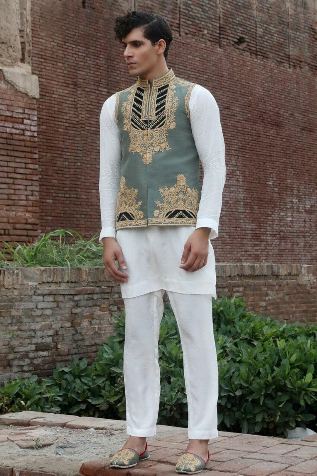 Green Adda Work Silk Waistcoat Kurta Set (3-Piece) - Image 2