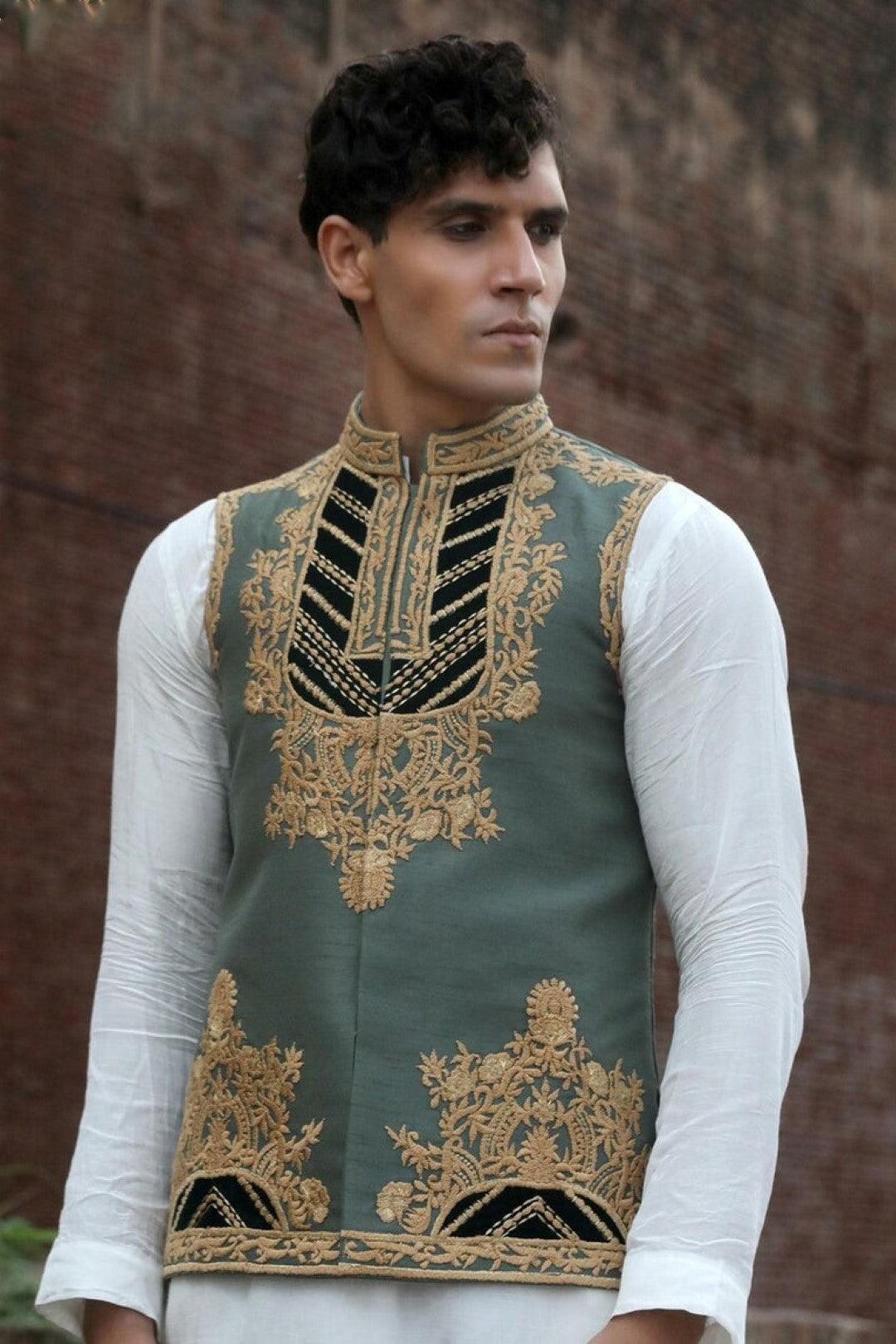 Green Adda Work Silk Waistcoat Kurta Set (3-Piece) - Image 4