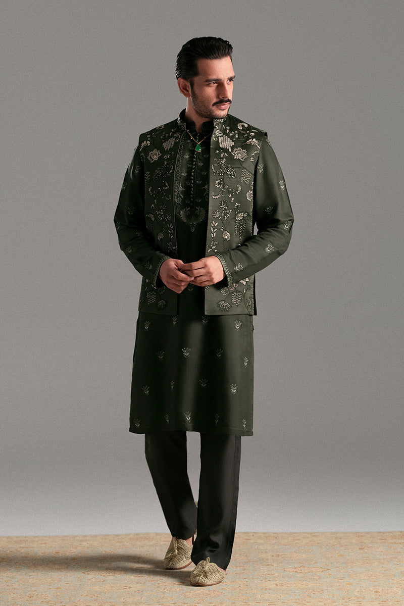 Bottle Green Dorri Embroidered Silk-Blend Waistcoat Kurta (2-Piece) - Image 11