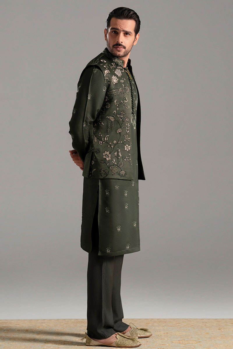 Bottle Green Dorri Embroidered Silk-Blend Waistcoat Kurta (2-Piece) - Image 13