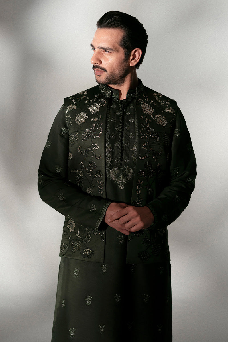 Bottle Green Dorri Embroidered Silk-Blend Waistcoat Kurta (2-Piece) - Image 3