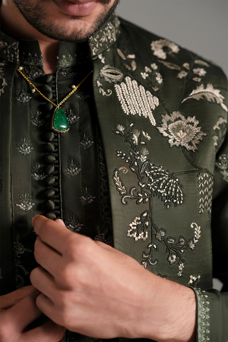 Bottle Green Dorri Embroidered Silk-Blend Waistcoat Kurta (2-Piece) - Image 4