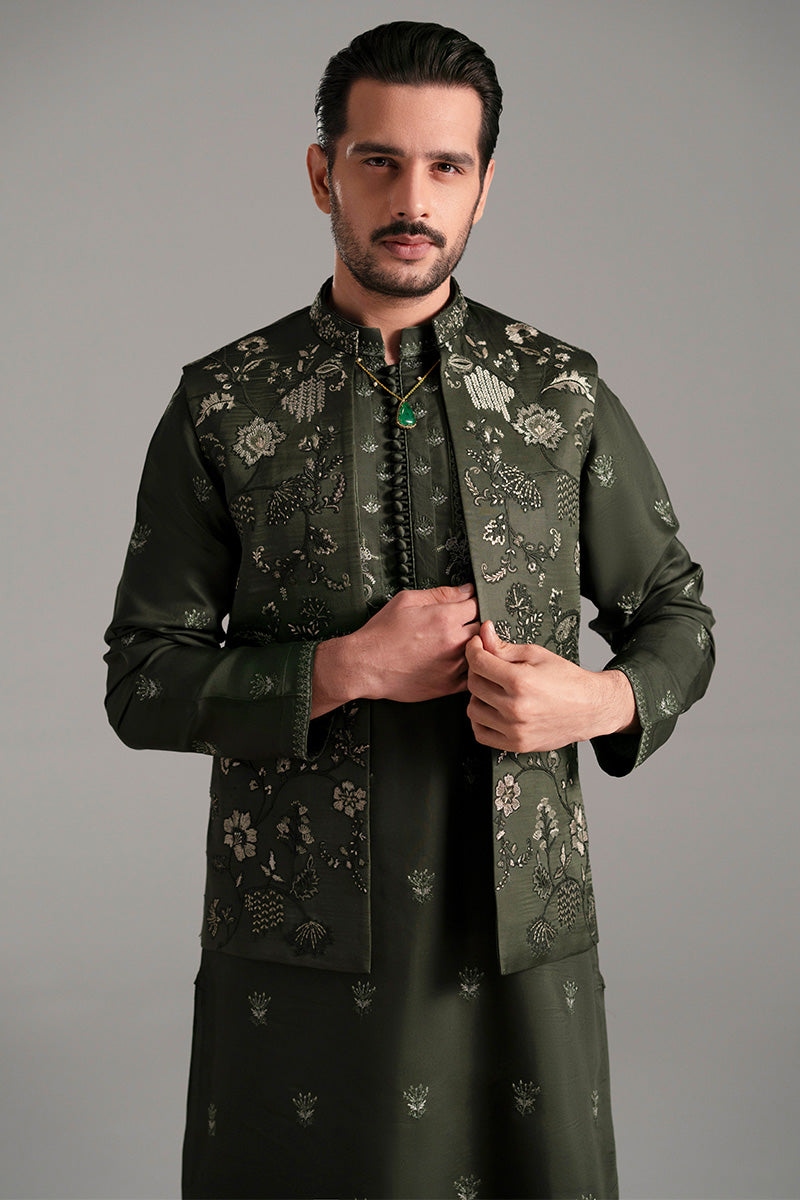 Bottle Green Dorri Embroidered Silk-Blend Waistcoat Kurta (2-Piece) - Image 5