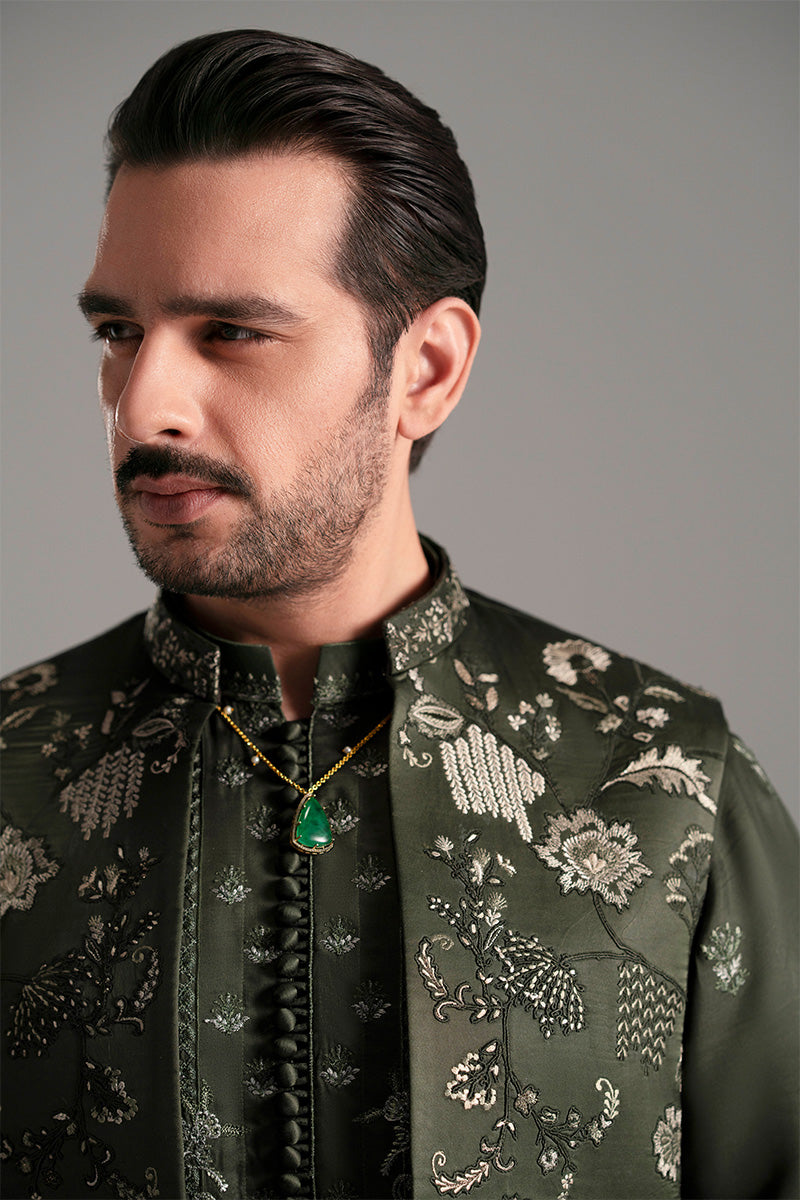 Bottle Green Dorri Embroidered Silk-Blend Waistcoat Kurta (2-Piece) - Image 7