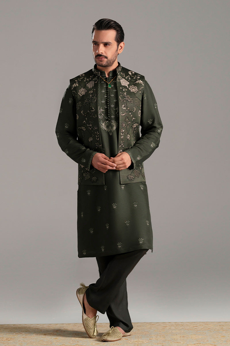 Bottle Green Dorri Embroidered Silk-Blend Waistcoat Kurta (2-Piece) - Image 8